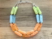 Load image into Gallery viewer, Green Orange Blue Statement Necklace, chunky bib beaded jewelry, orange sky blue color block necklace, beaded acrylic tube jewelry