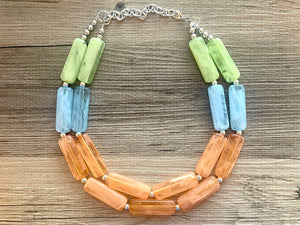 Green Orange Blue Statement Necklace, chunky bib beaded jewelry, orange sky blue color block necklace, beaded acrylic tube jewelry