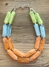 Load image into Gallery viewer, Green Orange Blue Statement Necklace, chunky bib beaded jewelry, orange sky blue color block necklace, beaded acrylic tube jewelry