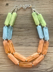 Green Orange Blue Statement Necklace, chunky bib beaded jewelry, orange sky blue color block necklace, beaded acrylic tube jewelry