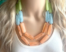 Load image into Gallery viewer, Green Orange Blue Statement Necklace, chunky bib beaded jewelry, orange sky blue color block necklace, beaded acrylic tube jewelry