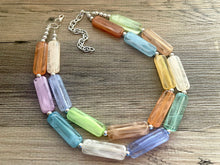 Load image into Gallery viewer, Rainbow Statement Necklace, chunky bib beaded jewelry, orange sky blue color block necklace, purple beaded acrylic tube jewelry