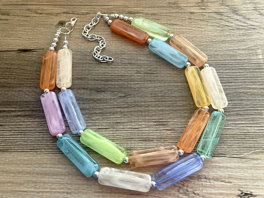 Rainbow Statement Necklace, chunky bib beaded jewelry, orange sky blue color block necklace, purple beaded acrylic tube jewelry