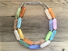 Load image into Gallery viewer, Rainbow Statement Necklace, chunky bib beaded jewelry, orange sky blue color block necklace, purple beaded acrylic tube jewelry