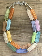 Load image into Gallery viewer, Rainbow Statement Necklace, chunky bib beaded jewelry, orange sky blue color block necklace, purple beaded acrylic tube jewelry