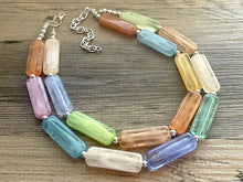 Load image into Gallery viewer, Rainbow Statement Necklace, chunky bib beaded jewelry, orange sky blue color block necklace, purple beaded acrylic tube jewelry