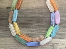 Load image into Gallery viewer, Rainbow Statement Necklace, chunky bib beaded jewelry, orange sky blue color block necklace, purple beaded acrylic tube jewelry