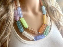 Load image into Gallery viewer, Rainbow Statement Necklace, chunky bib beaded jewelry, orange sky blue color block necklace, purple beaded acrylic tube jewelry