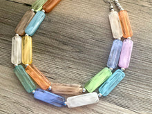 Load image into Gallery viewer, Rainbow Statement Necklace, chunky bib beaded jewelry, orange sky blue color block necklace, purple beaded acrylic tube jewelry