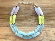 Load image into Gallery viewer, Periwinkle Green Blue Statement Necklace, chunky bib beaded jewelry, sky blue color block necklace, beaded acrylic tube jewelry lime