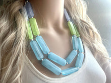 Load image into Gallery viewer, Periwinkle Green Blue Statement Necklace, chunky bib beaded jewelry, sky blue color block necklace, beaded acrylic tube jewelry lime