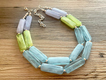 Load image into Gallery viewer, Periwinkle Green Blue Statement Necklace, chunky bib beaded jewelry, sky blue color block necklace, beaded acrylic tube jewelry lime