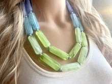 Load image into Gallery viewer, Periwinkle Green Blue Statement Necklace, chunky bib beaded jewelry, sky blue color block necklace, beaded acrylic tube jewelry lime