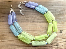 Load image into Gallery viewer, Periwinkle Green Blue Statement Necklace, chunky bib beaded jewelry, sky blue color block necklace, beaded acrylic tube jewelry lime