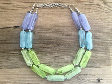 Load image into Gallery viewer, Periwinkle Green Blue Statement Necklace, chunky bib beaded jewelry, sky blue color block necklace, beaded acrylic tube jewelry lime