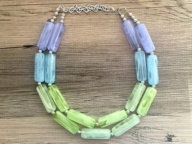 Periwinkle Green Blue Statement Necklace, chunky bib beaded jewelry, sky blue color block necklace, beaded acrylic tube jewelry lime