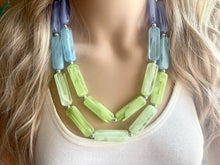 Load image into Gallery viewer, Periwinkle Green Blue Statement Necklace, chunky bib beaded jewelry, sky blue color block necklace, beaded acrylic tube jewelry lime