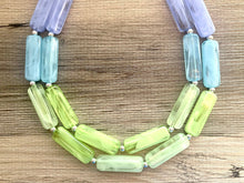 Load image into Gallery viewer, Periwinkle Green Blue Statement Necklace, chunky bib beaded jewelry, sky blue color block necklace, beaded acrylic tube jewelry lime