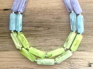 Periwinkle Green Blue Statement Necklace, chunky bib beaded jewelry, sky blue color block necklace, beaded acrylic tube jewelry lime