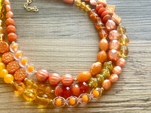 Load image into Gallery viewer, Orange party confetti Statement Necklace, chunky bib beaded jewelry, orange color block necklace, beaded acrylic tube jewelry gold