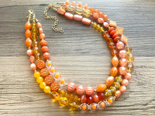 Load image into Gallery viewer, Orange party confetti Statement Necklace, chunky bib beaded jewelry, orange color block necklace, beaded acrylic tube jewelry gold