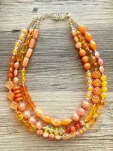 Load image into Gallery viewer, Orange party confetti Statement Necklace, chunky bib beaded jewelry, orange color block necklace, beaded acrylic tube jewelry gold