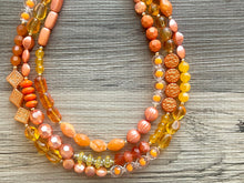 Load image into Gallery viewer, Orange party confetti Statement Necklace, chunky bib beaded jewelry, orange color block necklace, beaded acrylic tube jewelry gold