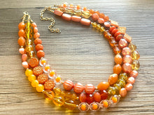 Load image into Gallery viewer, Orange party confetti Statement Necklace, chunky bib beaded jewelry, orange color block necklace, beaded acrylic tube jewelry gold