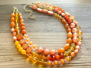 Orange party confetti Statement Necklace, chunky bib beaded jewelry, orange color block necklace, beaded acrylic tube jewelry gold