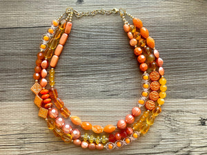 Orange party confetti Statement Necklace, chunky bib beaded jewelry, orange color block necklace, beaded acrylic tube jewelry gold