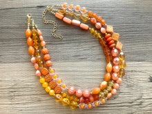 Load image into Gallery viewer, Orange party confetti Statement Necklace, chunky bib beaded jewelry, orange color block necklace, beaded acrylic tube jewelry gold