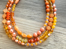 Load image into Gallery viewer, Orange party confetti Statement Necklace, chunky bib beaded jewelry, orange color block necklace, beaded acrylic tube jewelry gold