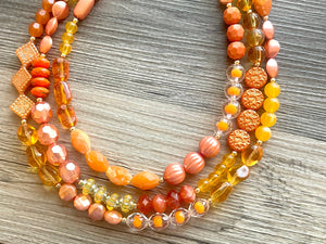 Orange party confetti Statement Necklace, chunky bib beaded jewelry, orange color block necklace, beaded acrylic tube jewelry gold