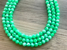 Load image into Gallery viewer, Bright Green chunky necklace, Green beaded jewelry, resin beaded green creamy necklace, 3 strand green statement ball bead