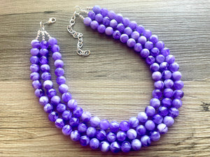 Violet Vibration Chunky Statement Necklace, 3 Strand Beaded Jewelry, Purple White cream jewelry, jewel tone mermaid bib