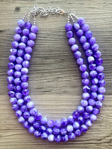 Violet Vibration Chunky Statement Necklace, 3 Strand Beaded Jewelry, Purple White cream jewelry, jewel tone mermaid bib