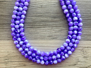 Violet Vibration Chunky Statement Necklace, 3 Strand Beaded Jewelry, Purple White cream jewelry, jewel tone mermaid bib