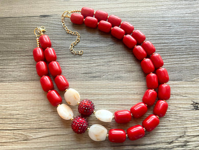 Fiery Red Chunky Statement Necklace, Big beaded jewelry, Double Strand Statement Necklace, Bib necklace, red bridesmaid wedding cream