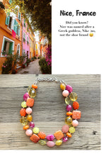 Load image into Gallery viewer, French Pastel chunky necklace, Wanderlust Collection beaded jewelry, resin beaded Pink necklace, pink coral peach orange yellow necklace