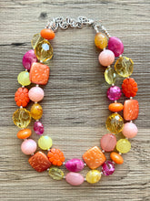 Load image into Gallery viewer, French Pastel chunky necklace, Wanderlust Collection beaded jewelry, resin beaded Pink necklace, pink coral peach orange yellow necklace