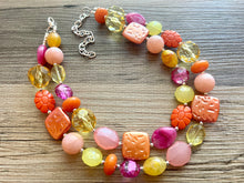 Load image into Gallery viewer, French Pastel chunky necklace, Wanderlust Collection beaded jewelry, resin beaded Pink necklace, pink coral peach orange yellow necklace