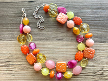 Load image into Gallery viewer, French Pastel chunky necklace, Wanderlust Collection beaded jewelry, resin beaded Pink necklace, pink coral peach orange yellow necklace