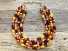 Load image into Gallery viewer, Auckland in Fall chunky necklace, Wanderlust Collection beaded jewelry, resin beaded Ombré necklace pink red yellow orange brown