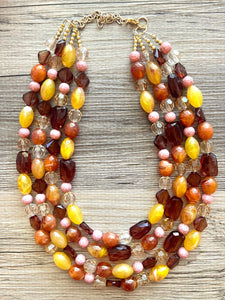 Auckland in Fall chunky necklace, Wanderlust Collection beaded jewelry, resin beaded Ombré necklace pink red yellow orange brown