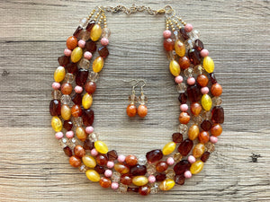 Auckland in Fall chunky necklace, Wanderlust Collection beaded jewelry, resin beaded Ombré necklace pink red yellow orange brown