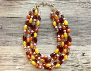 Auckland in Fall chunky necklace, Wanderlust Collection beaded jewelry, resin beaded Ombré necklace pink red yellow orange brown