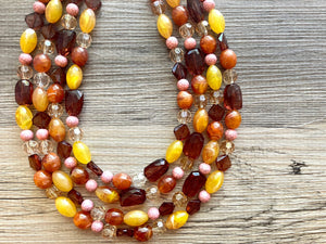 Auckland in Fall chunky necklace, Wanderlust Collection beaded jewelry, resin beaded Ombré necklace pink red yellow orange brown