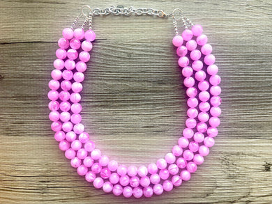 Bubblegum Pink Chunky Statement Necklace, 3 Strand Beaded Jewelry, Pink White cream jewelry, jewel tone mermaid bib light pink