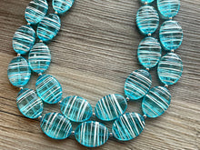 Load image into Gallery viewer, Textured Aqua Statement Necklace, Big Beaded necklace, chunky beaded blue necklace wedding, blue jewelry, white striped jewelry