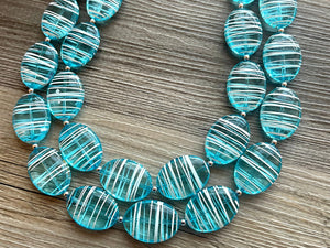 Textured Aqua Statement Necklace, Big Beaded necklace, chunky beaded blue necklace wedding, blue jewelry, white striped jewelry